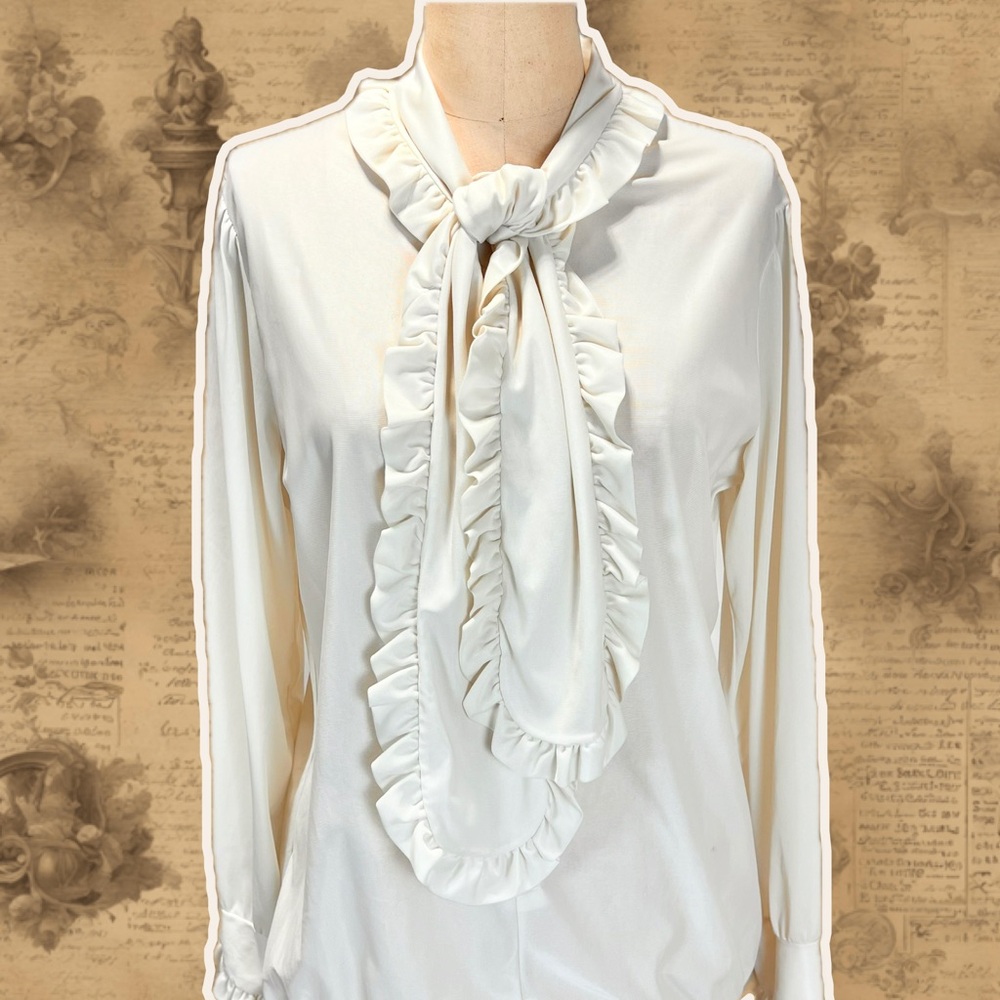 VINTAGE poet ruffle neck bow tie blouse one piece bodysuit long sleeve 70s 80s